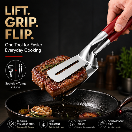 LAST DAY 50% OFF 🍳Rolimey®  2-in-1 Stainless Steel Spatula Tongs – Grip, Flip & Serve