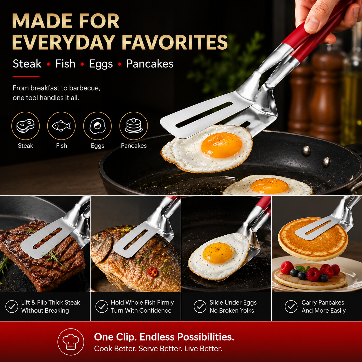 LAST DAY 50% OFF 🍳Rolimey®  2-in-1 Stainless Steel Spatula Tongs – Grip, Flip & Serve