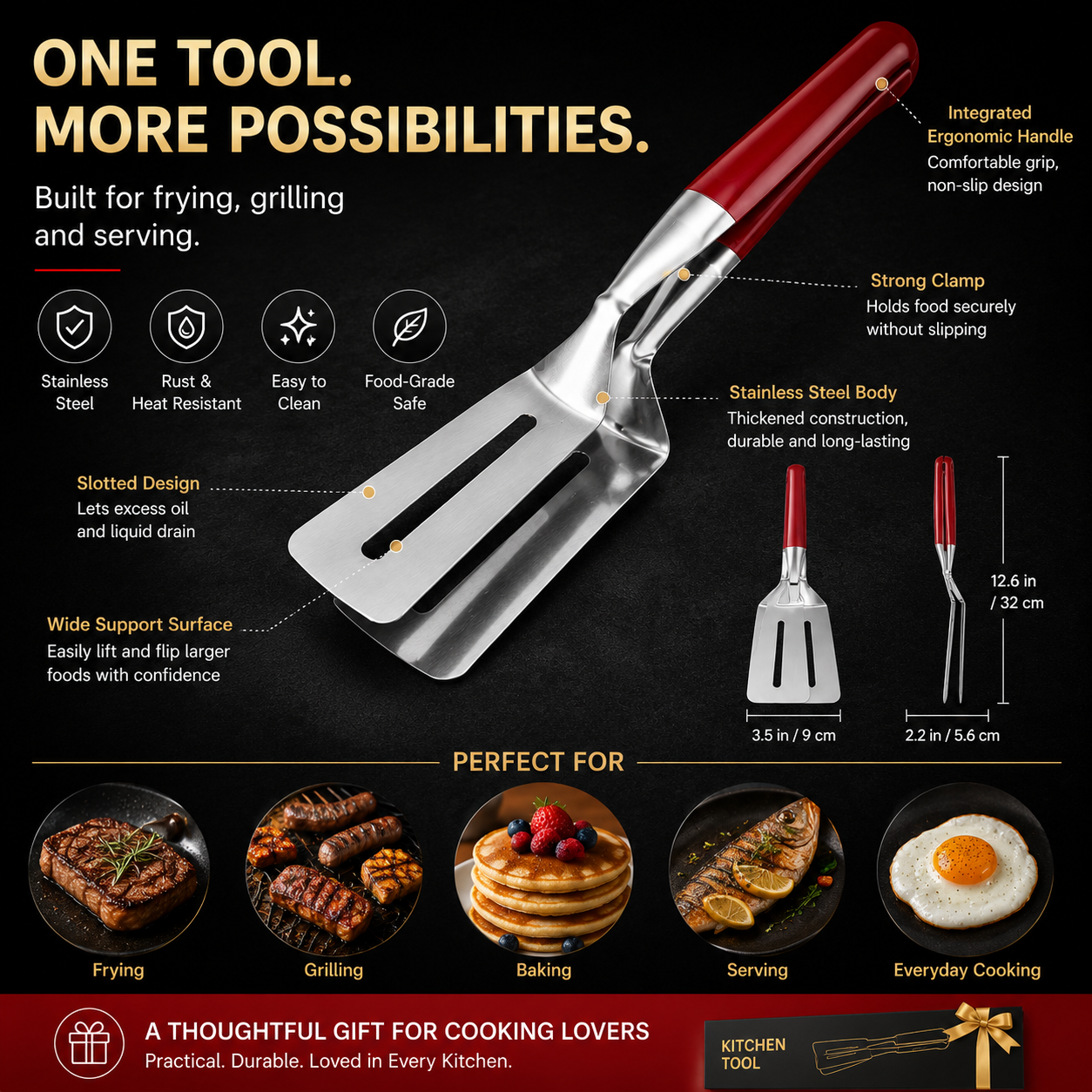 LAST DAY 50% OFF 🍳Rolimey®  2-in-1 Stainless Steel Spatula Tongs – Grip, Flip & Serve
