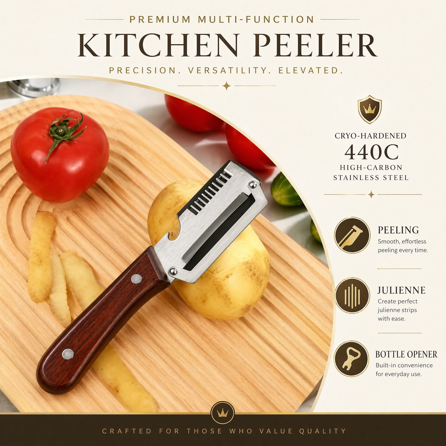 🌾LAST DAY 50% OFF-✨3-in-1 Stainless Steel Vegetable Peeler with Wooden Handle（upsell）