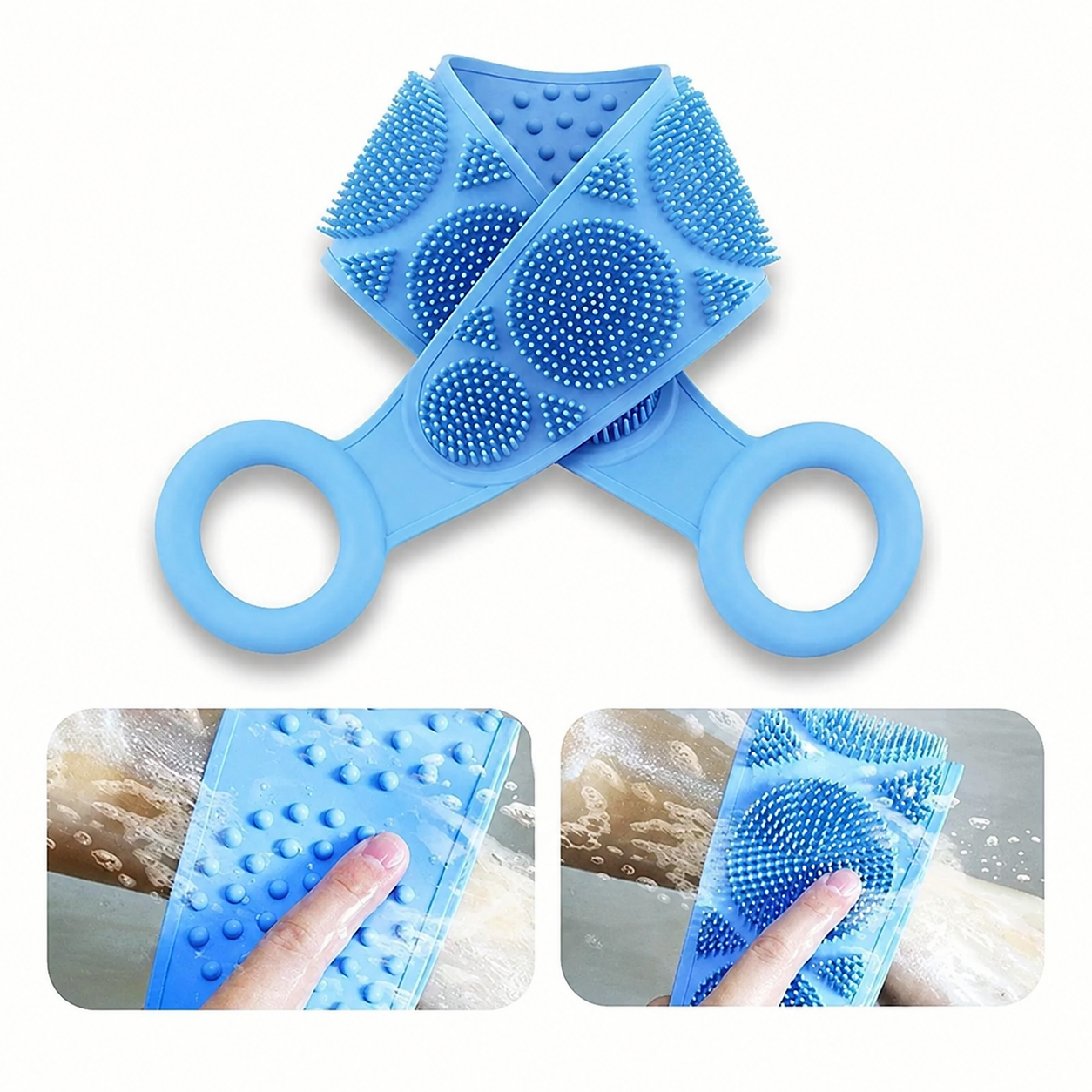 Folded blue silicone scrubber belt showing both textured sides