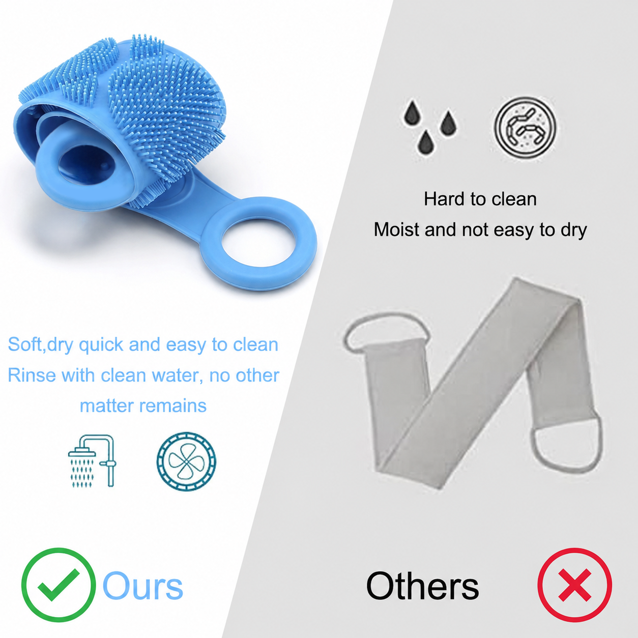 Rolled silicone scrubber compared with a traditional cloth back strap