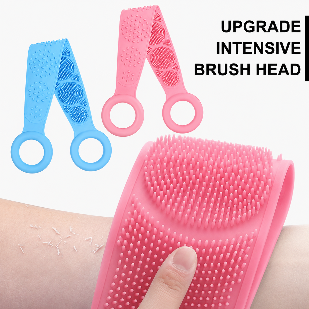 Pink and blue silicone scrubber belts with a bristle close-up