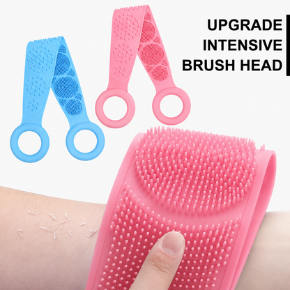 Pink and blue silicone scrubber belts with a bristle close-up