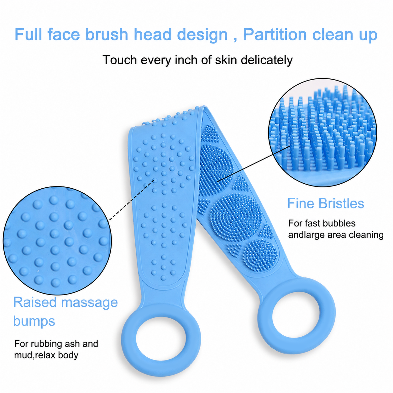 Close-up diagram of fine silicone bristles and raised massage bumps
