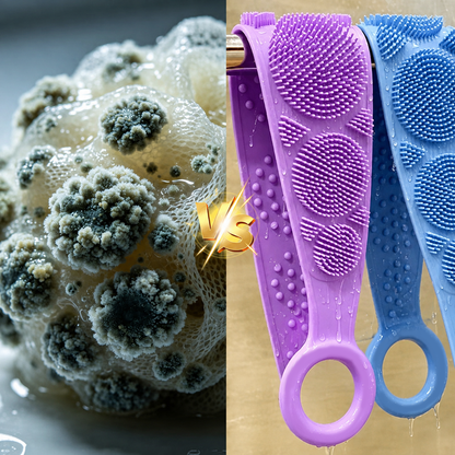 Traditional bath sponge beside blue and purple silicone scrubber belts